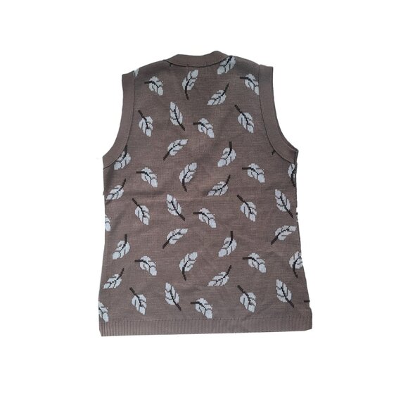 Women's Vintage Campus Knit Sweater Vest Geometric Leaves V-Neck Sleeveless - Picture 3 of 3